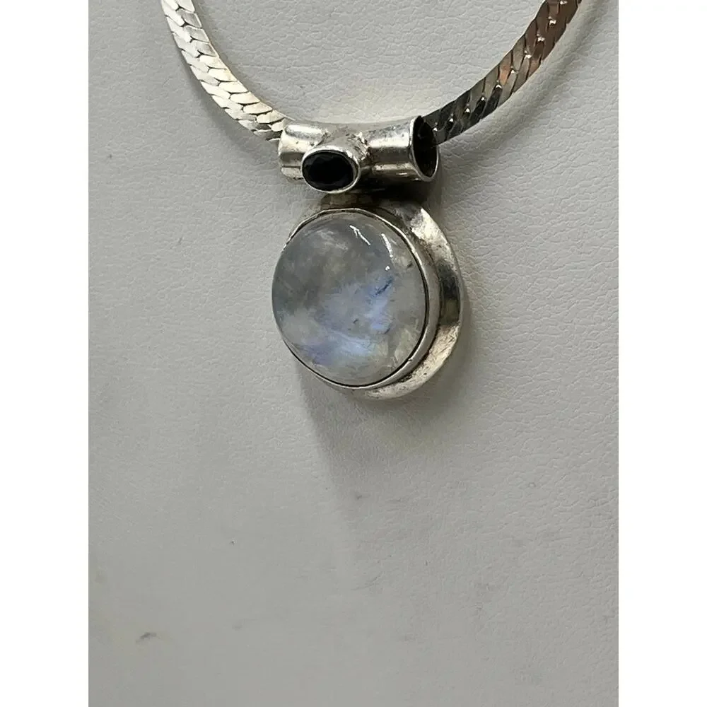 TJ Sterling Silver Moonstone Amethyst Bezel‎ Cabachon pendant Snake Necklace